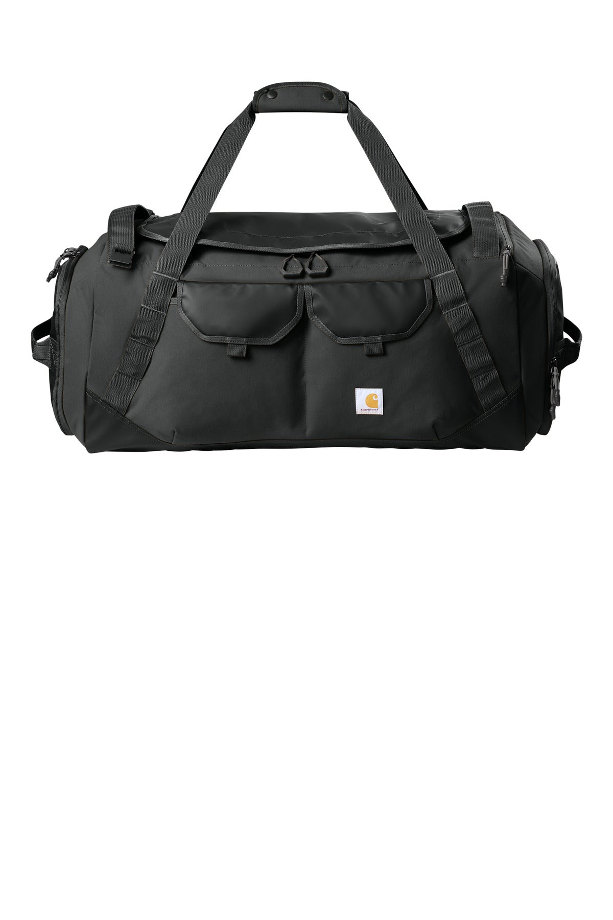Black Carhartt 75L Heavy Haul Duffel bag with sturdy handles and zipper closure, designed for durable, large-capacity storage.