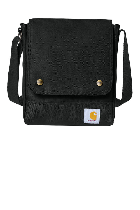 Black Carhartt crossbody snap bag with front flap and adjustable strap, showcasing durable material and functional design.