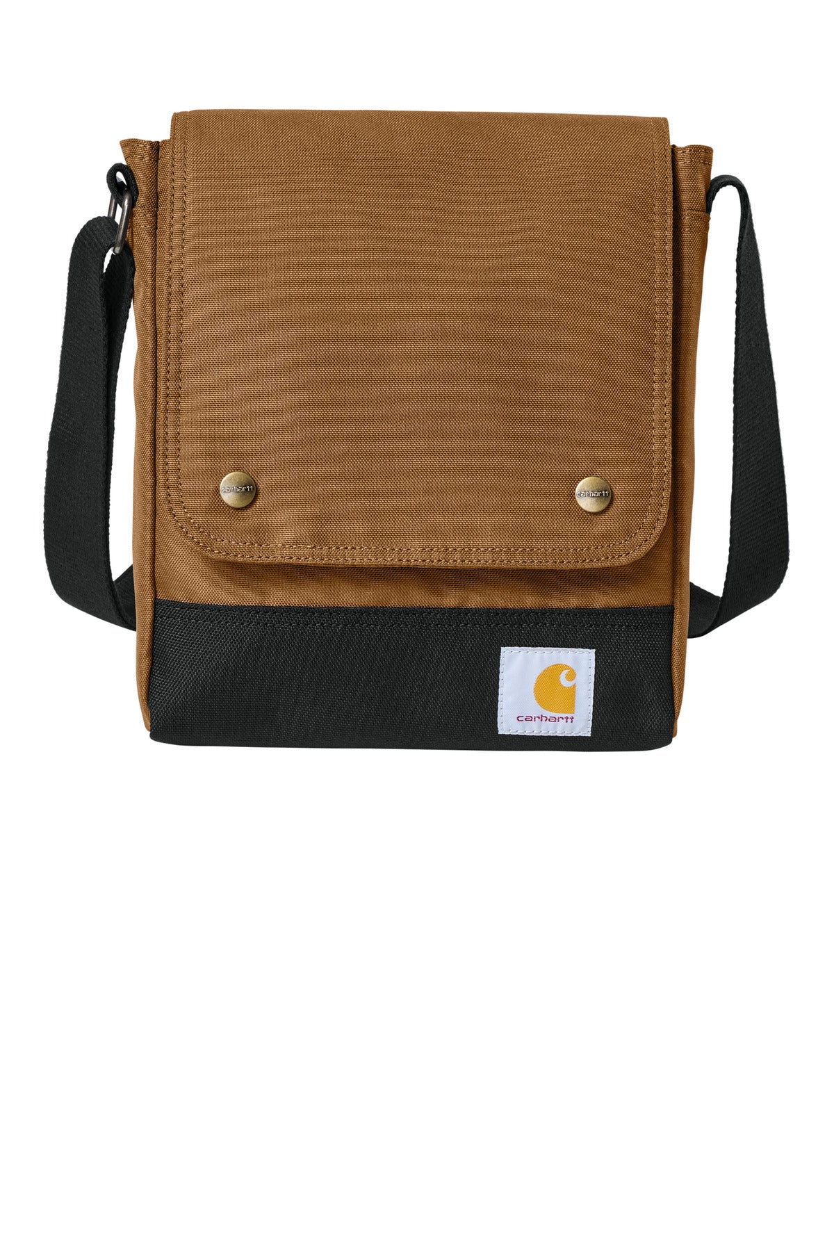 Carhartt Crossbody Snap Bag in brown with front snap closure and adjustable strap, durable canvas construction.