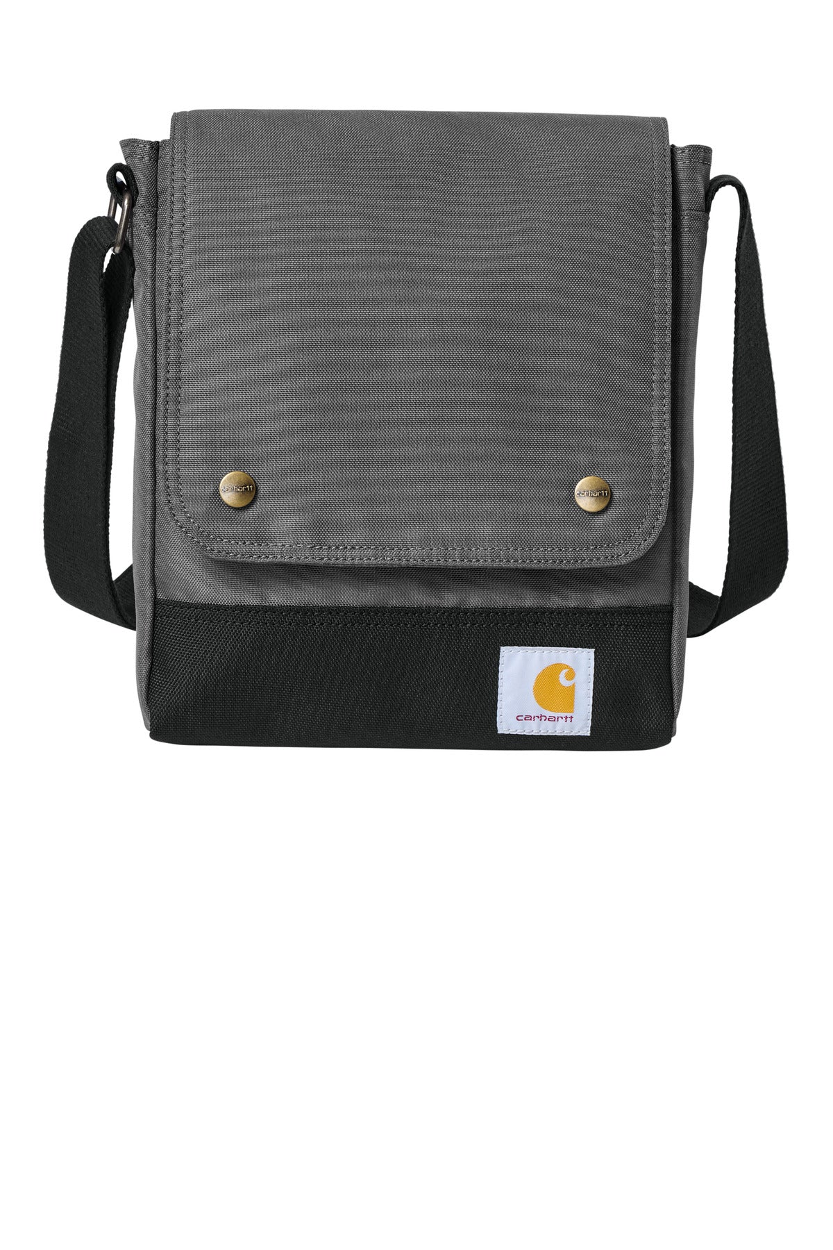 Grey Carhartt crossbody snap bag with front flap, adjustable strap, and durable design for everyday use.