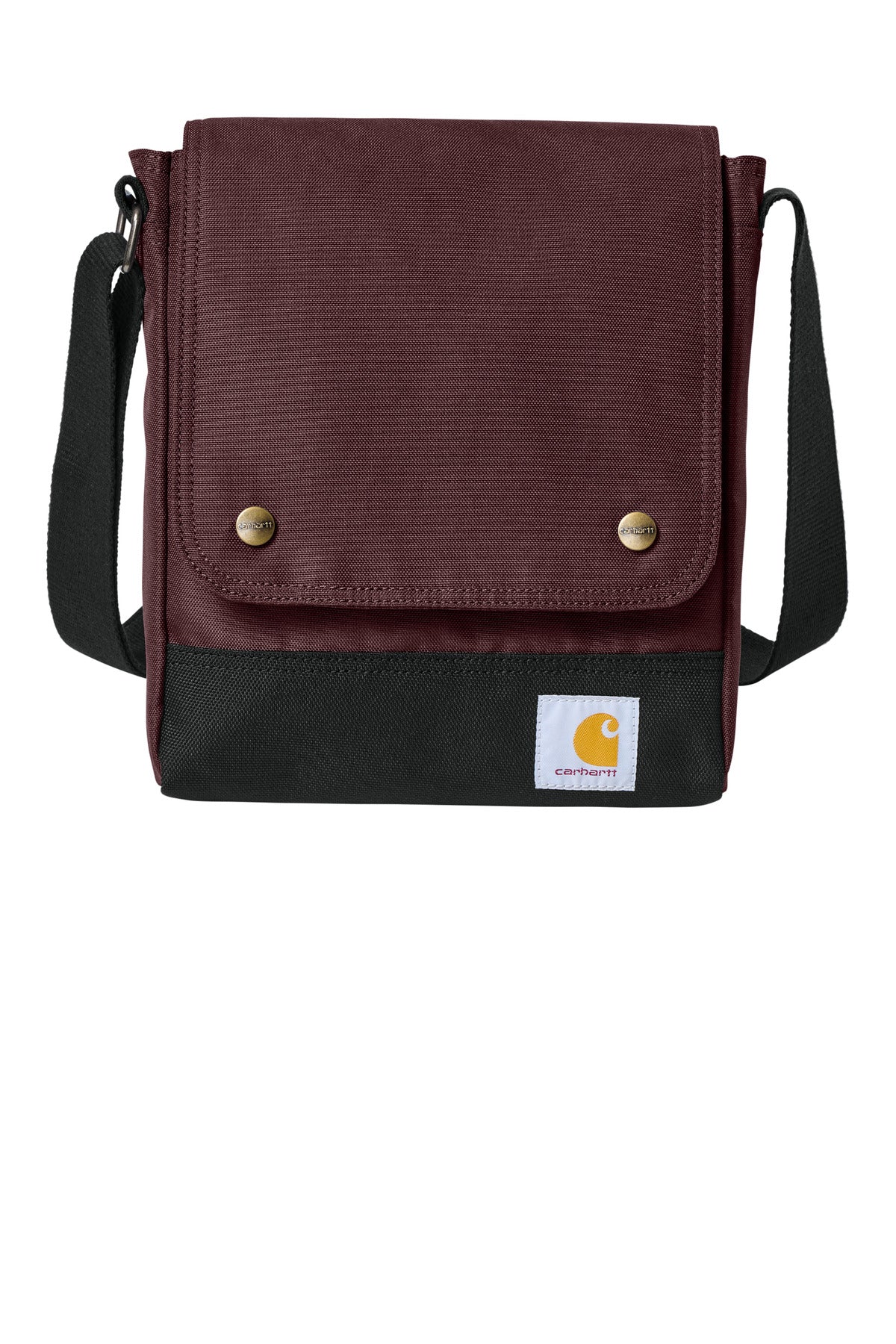 Carhartt Crossbody Snap Bag with front pocket and adjustable strap, durable canvas material, shown from the front view.