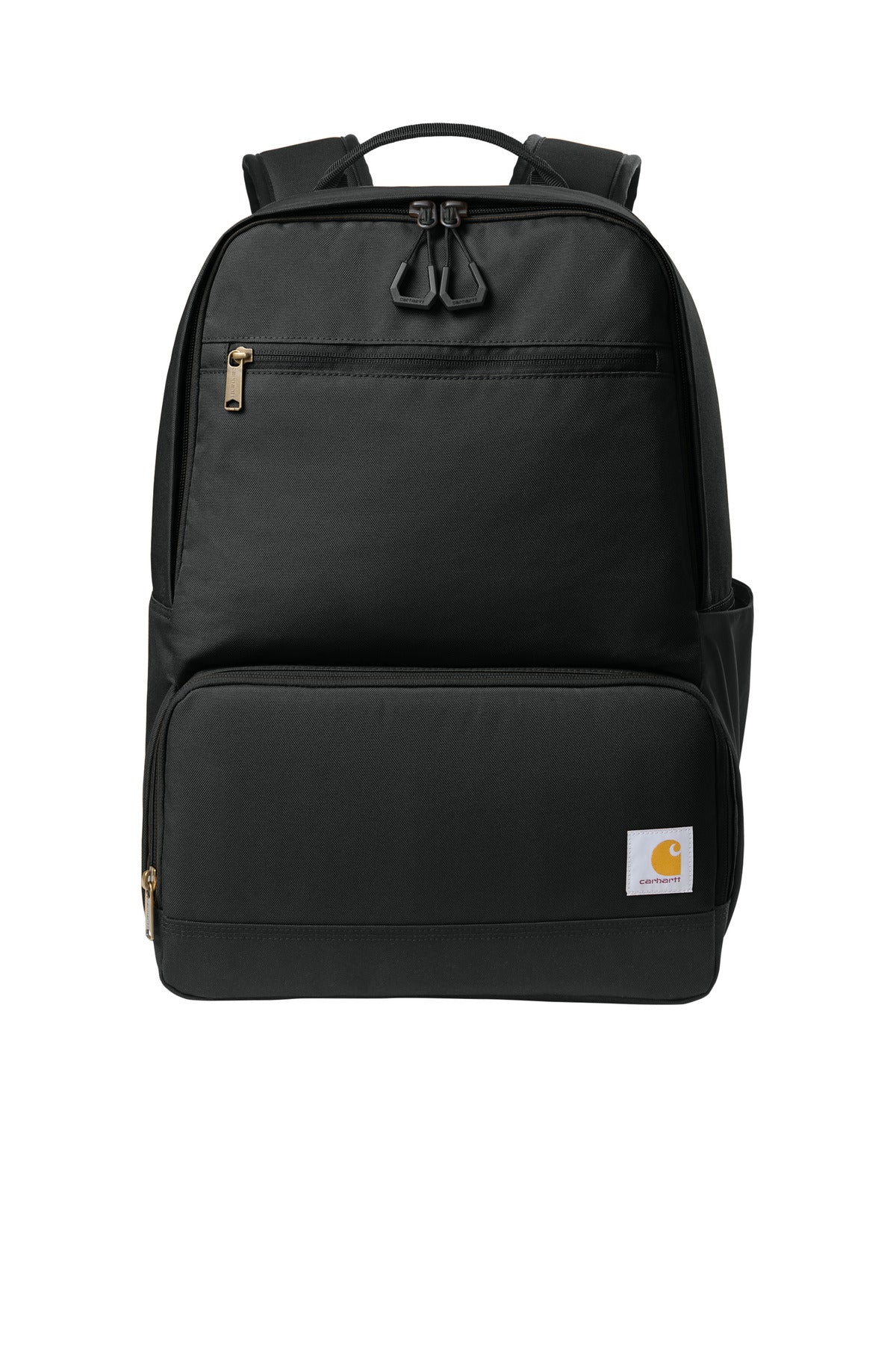 Carhartt two-compartment cooler backpack in black with front zipper pocket and adjustable straps, designed for outdoor use.