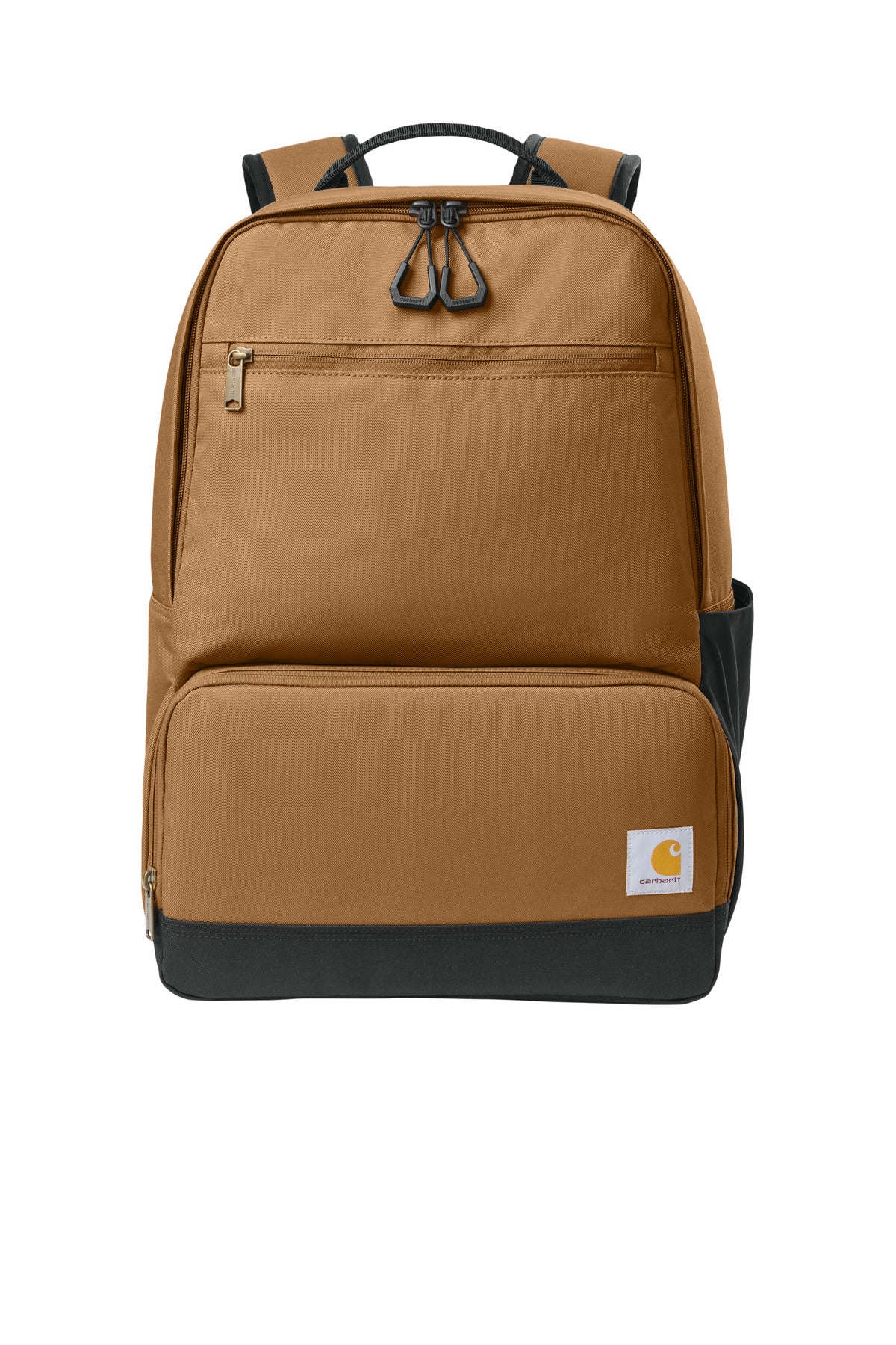 Carhartt two-compartment cooler backpack in brown with front zipper pocket and padded shoulder straps for outdoor use.