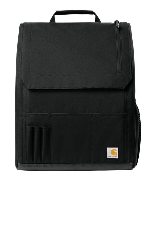 Black Carhartt universal seat organizer with multiple compartments and adjustable straps, designed for vehicle interior storage.
