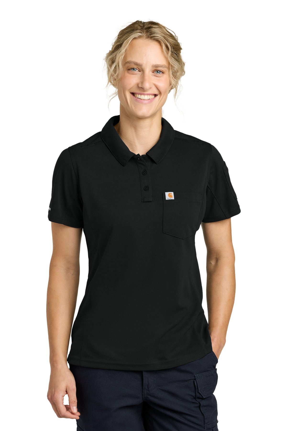 Front view of a black Carhartt women's FLD & RSCU Polo shirt, model wearing the CTC12119 casual polo top.