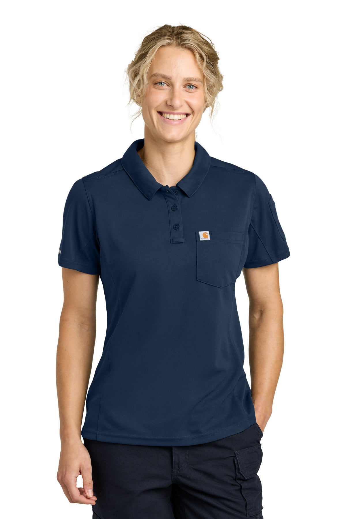 Front view of Carhartt Women's FLD & RSCU Polo in dark navy, showcasing the classic collar and embroidered logo.