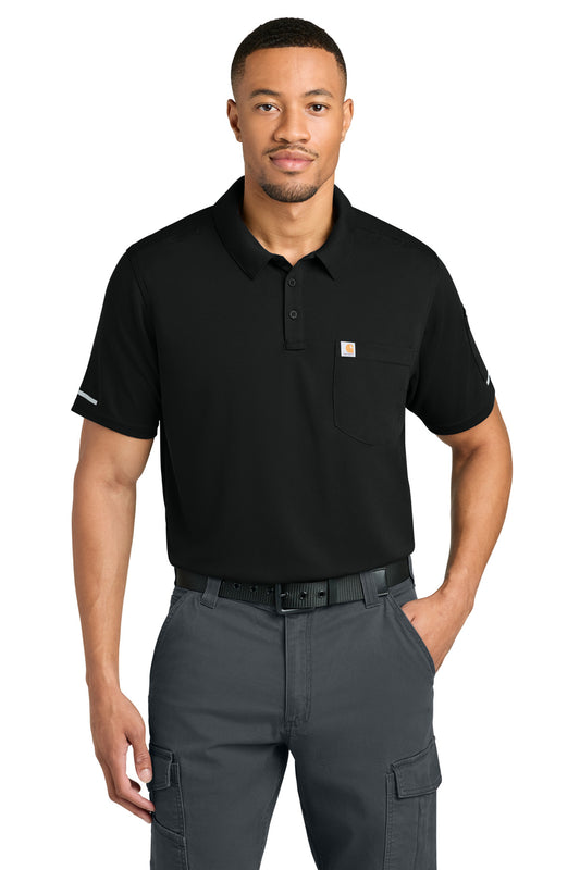 Black Carhartt polo shirt with front view, featuring a classic collar, short sleeves, and the Carhartt logo on the chest.