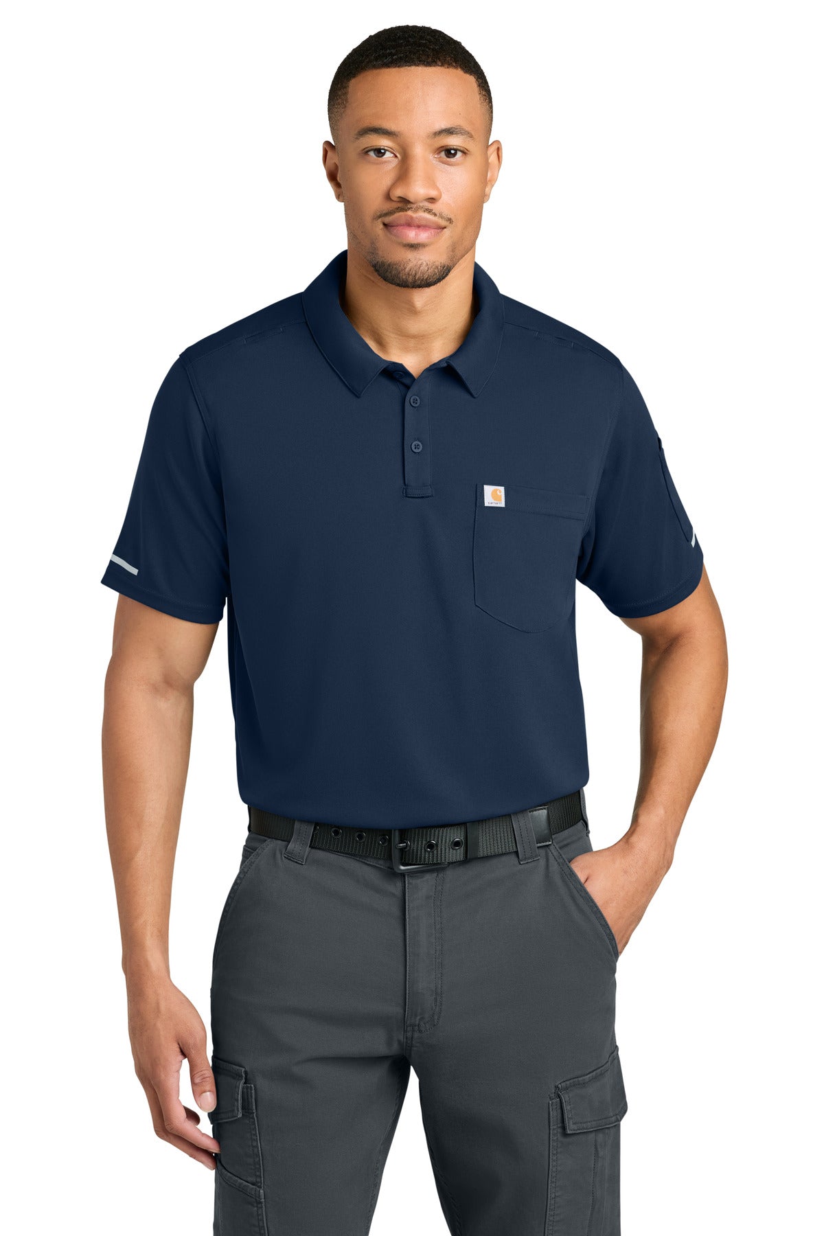 Dark navy Carhartt FLD & RSCU Polo shirt front view, featuring a classic fit and embroidered logo on the chest.