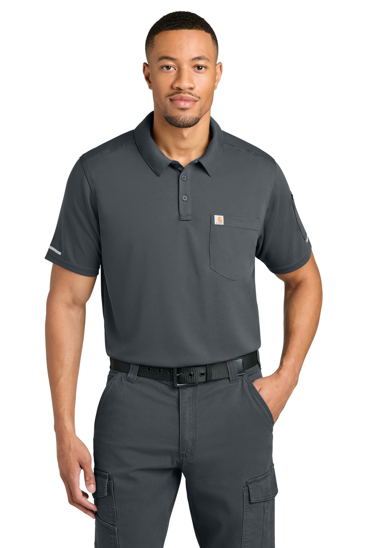 Carhartt men's pewter polo shirt with short sleeves, front view showing collar and button placket, casual workwear style