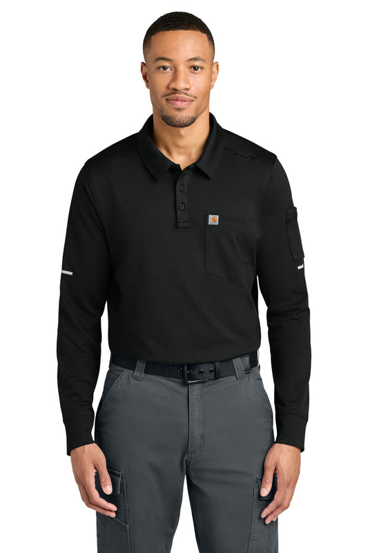 Black Carhartt long sleeve polo shirt with a front view, featuring the brand logo on the chest.