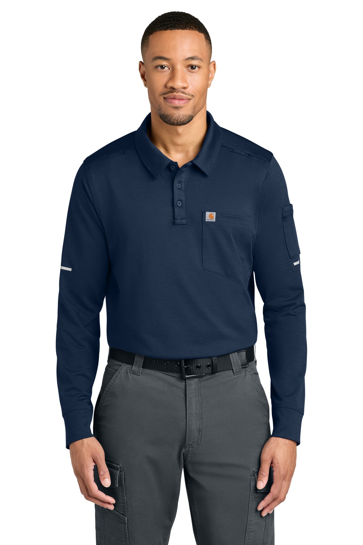 Dark navy Carhartt long sleeve polo shirt, front view, featuring a classic collar and button placket, casual workwear style.