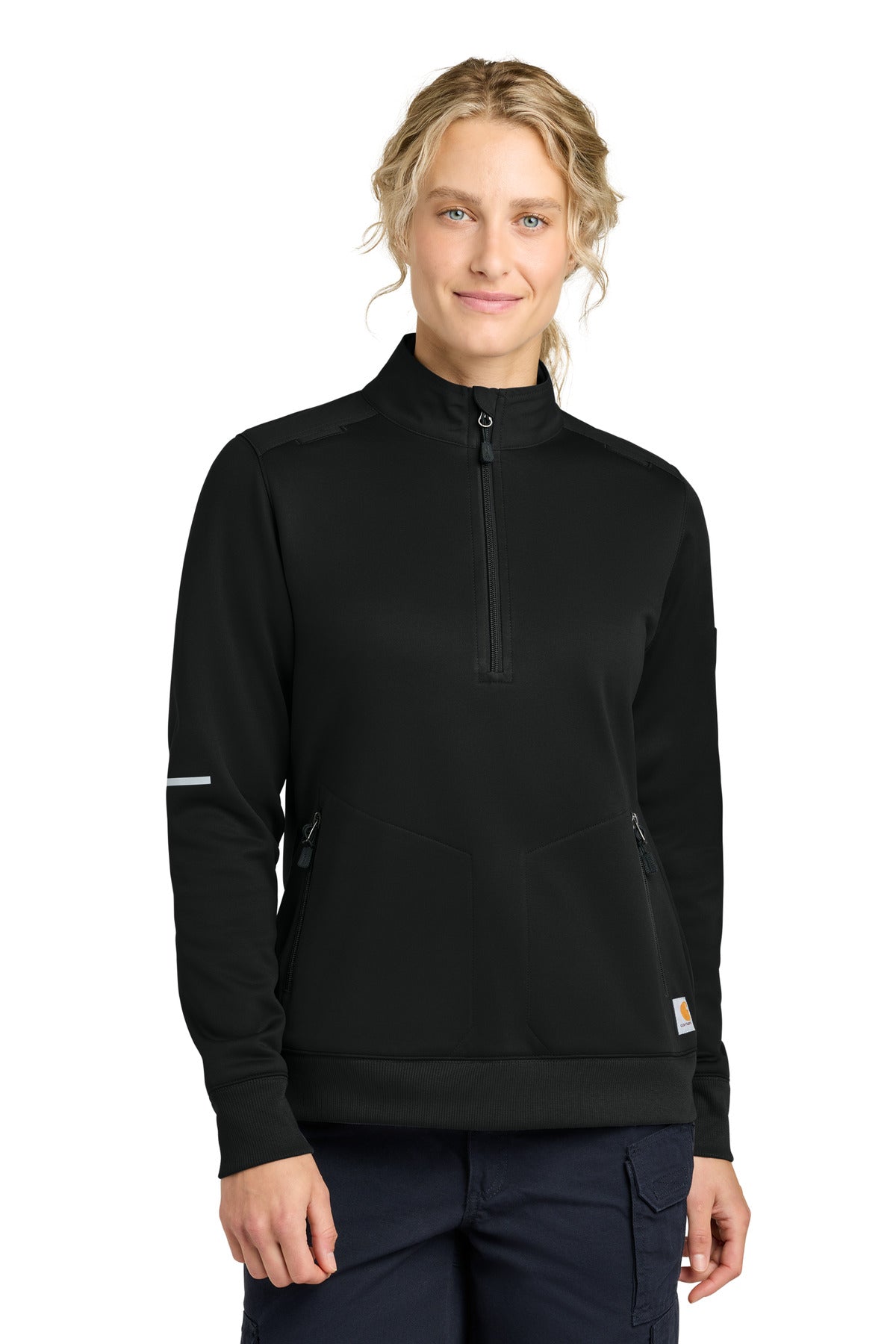 Black Carhartt women's 1/2-zip mid-layer jacket, front view showing high collar and zip closure, made for outdoor wear.