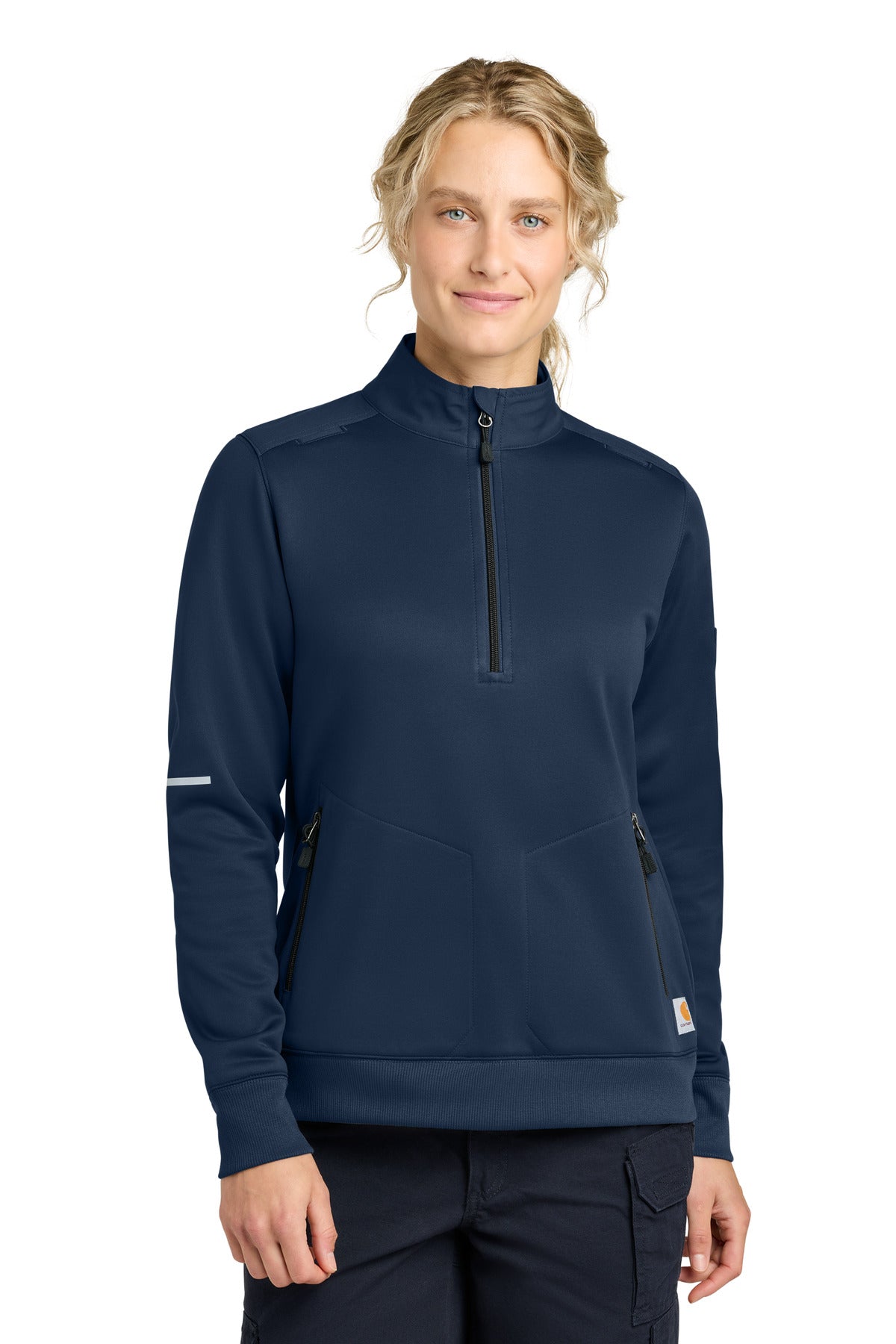 Carhartt women's dark navy 1/2-zip mid-layer sweatshirt, front view showing soft fabric and comfortable fit.