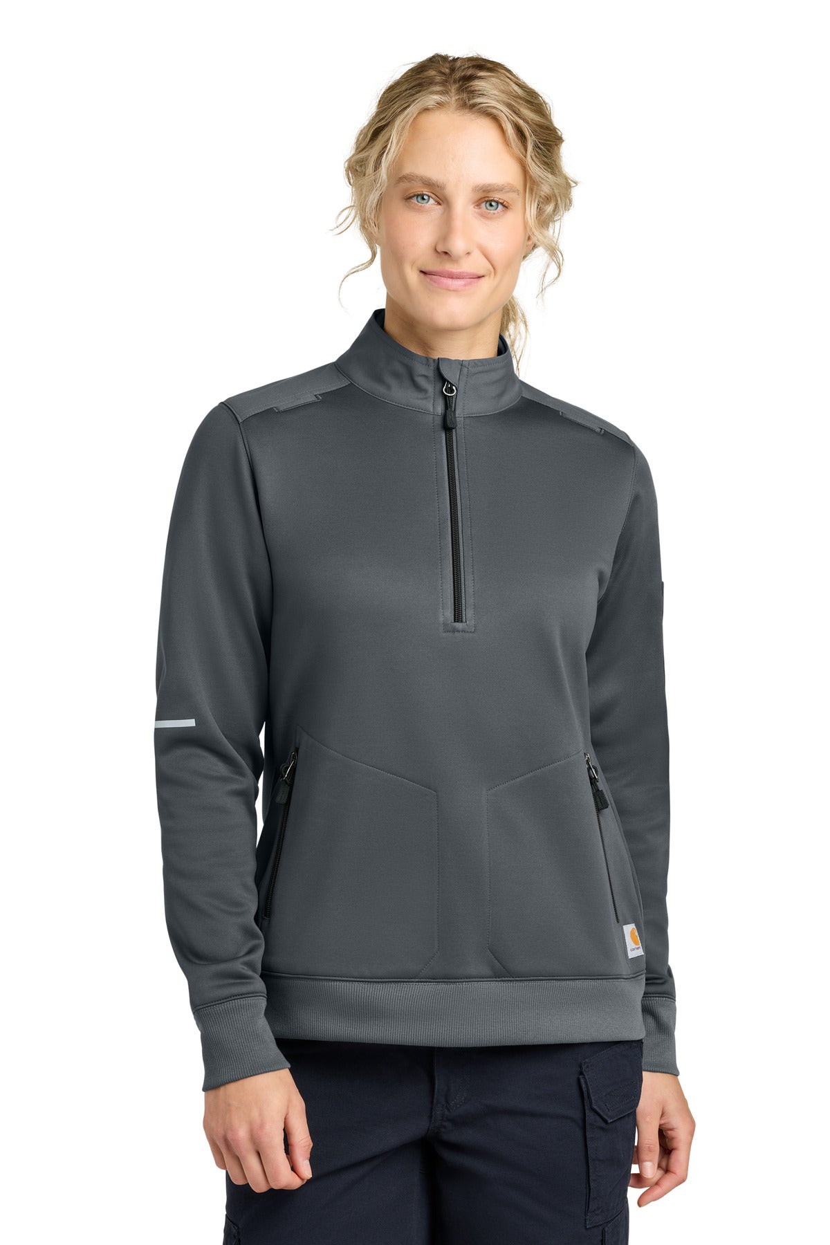 Carhartt women's pewter 1/2-zip mid-layer CTC82912 with front view, showcasing the Carhartt logo and comfortable fit.