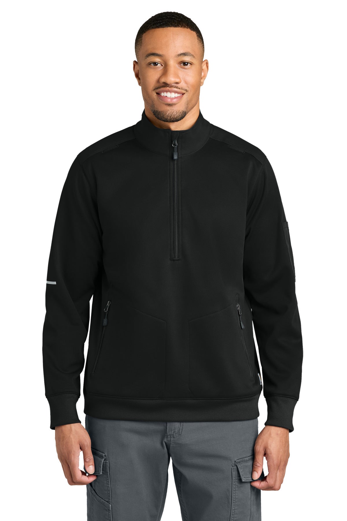 Black Carhartt 1/2-Zip Mid-Layer CTC86912 worn by a model, featuring a quarter-zip front and comfortable fit.