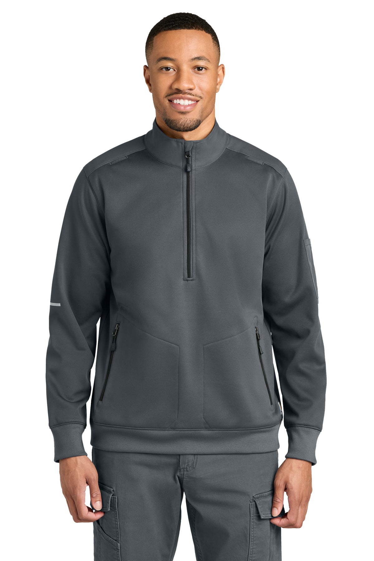 Carhartt men's pewter 1/2-zip mid-layer CTC86912, front view, made of durable fabric with a high collar and chest zipper.
