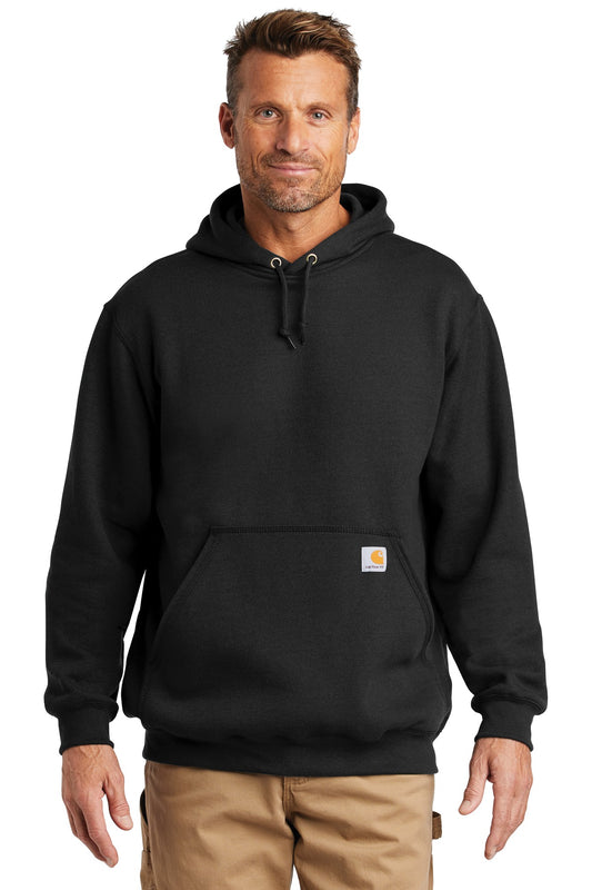 Black Carhartt® midweight hooded sweatshirt worn by a model, front view showing the classic design and logo details.