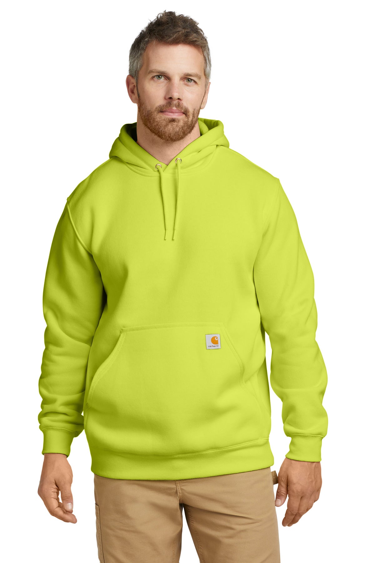 Carhartt midweight hooded sweatshirt in britelime color, front view showing the logo and comfortable fit.
