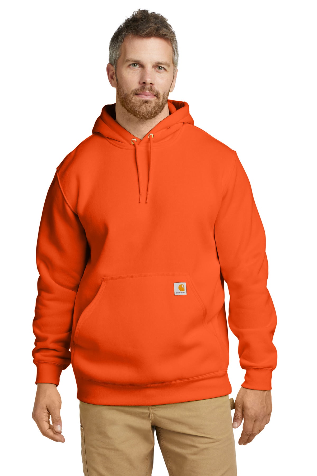 Carhartt midweight hooded sweatshirt in bright orange, front view showing the hoodie, logo, and comfortable fit.