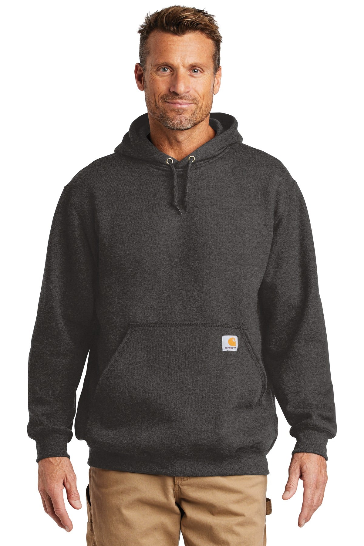 Carhartt midweight hooded sweatshirt in carbon heather, front view showing adjustable drawstring hood and ribbed cuffs.