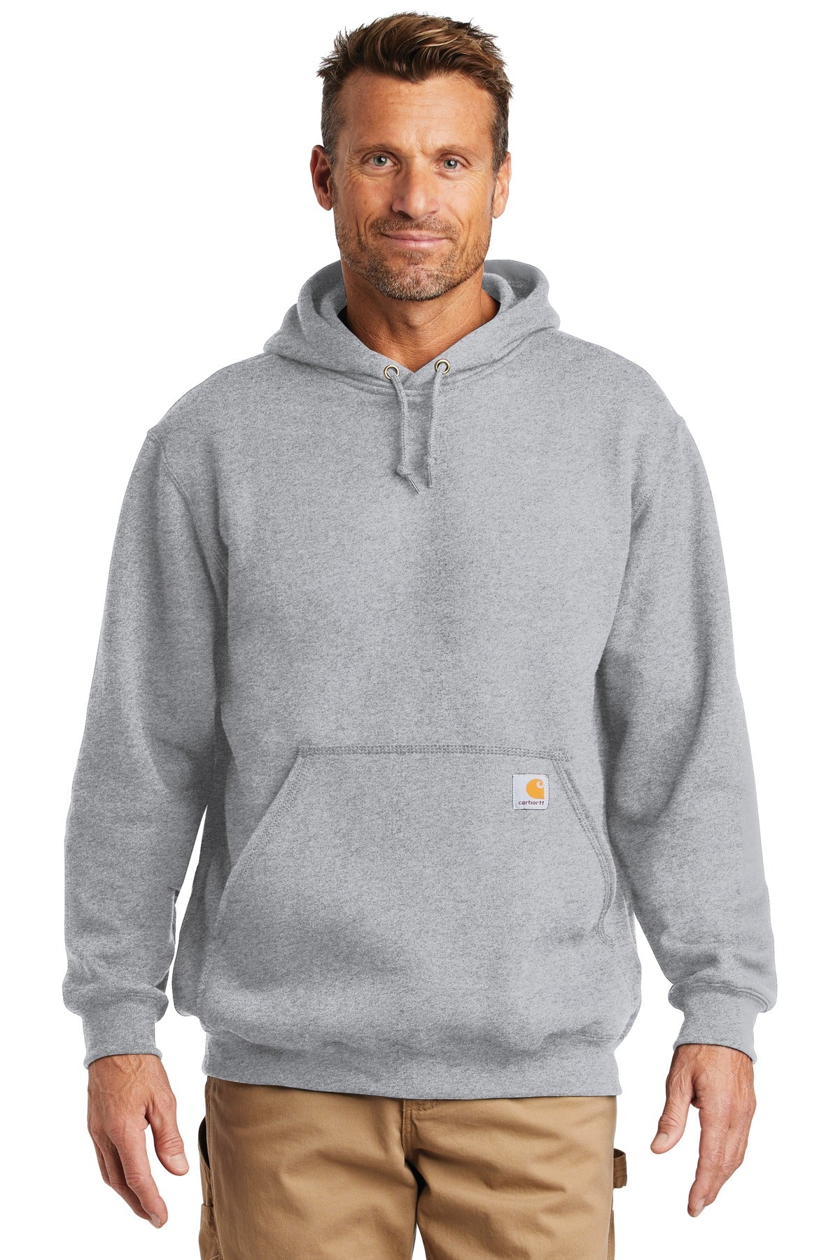 Carhartt midweight hooded sweatshirt in heather grey, front view showing adjustable drawstrings and front kangaroo pocket.