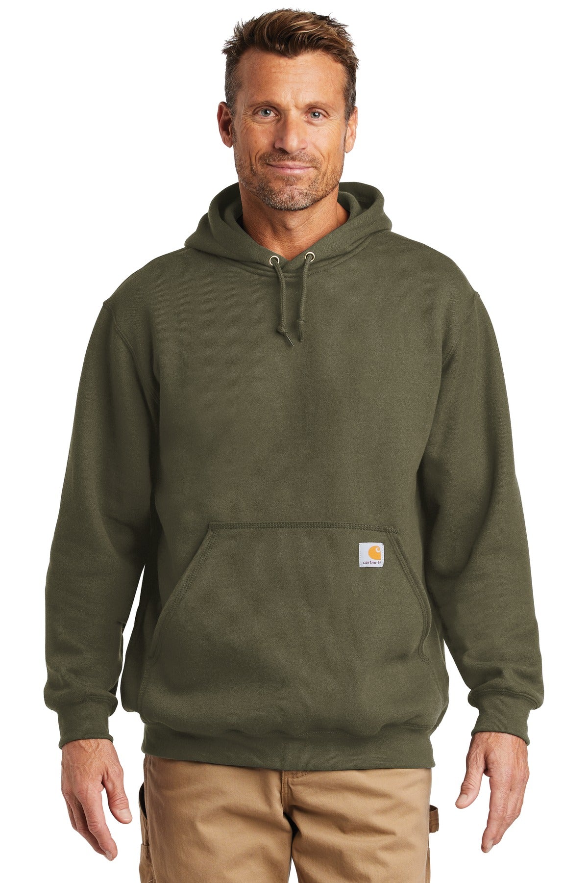 Carhartt midweight hooded sweatshirt in moss green, front view, featuring a drawstring hood and soft fabric for casual wear.