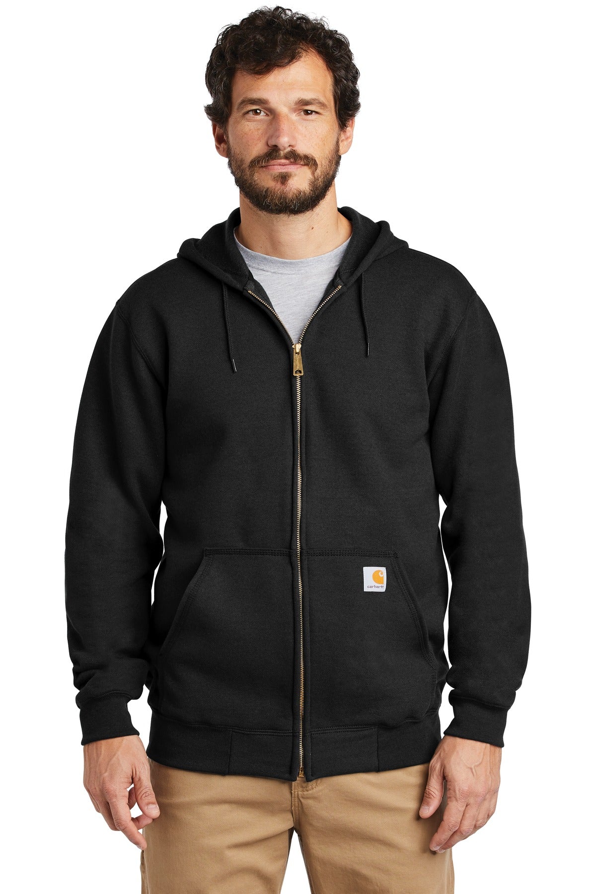 Black Carhartt midweight hooded zip-front sweatshirt on a model, front view showing the hoodie and zipper details.