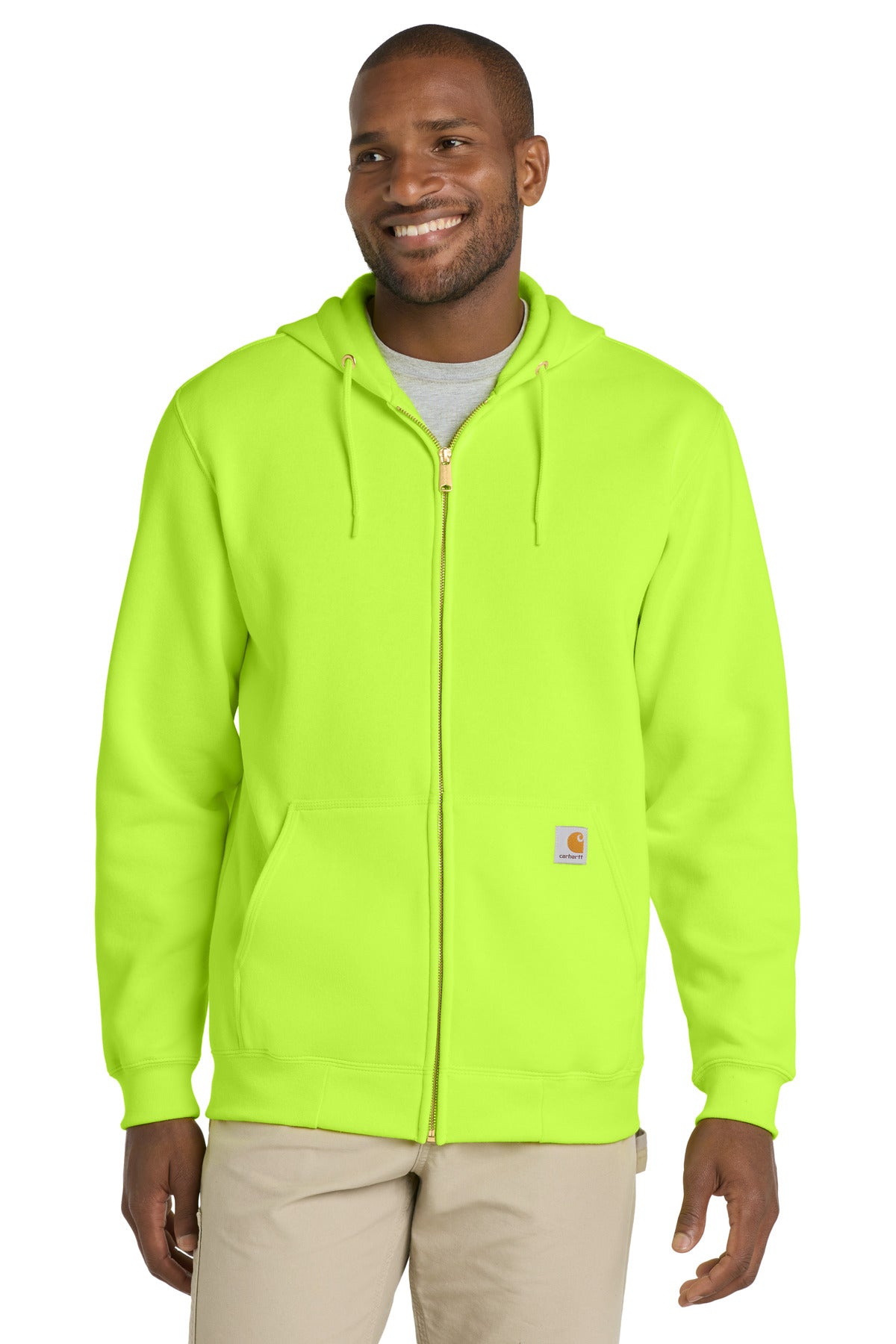 Carhartt midweight hooded zip-front sweatshirt in brite lime color, front view showing the hoodie and zipper details.