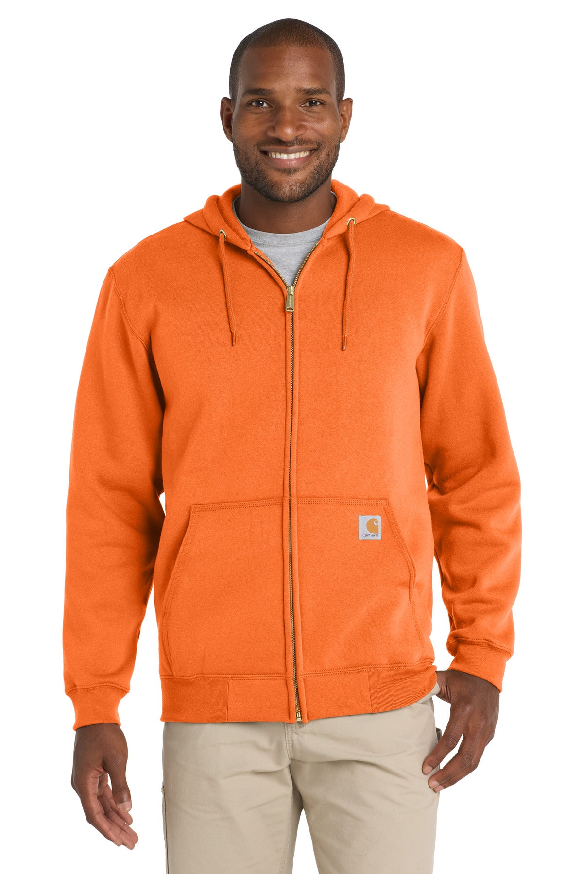 Carhartt midweight hooded zip-front sweatshirt in bright orange, featuring a front zipper and hood for casual outdoor wear.