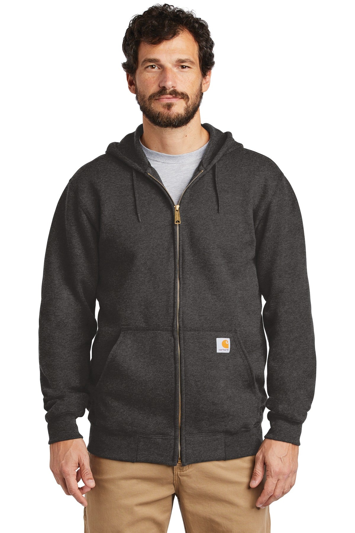 Carhartt Midweight Hooded Zip-Front Sweatshirt in carbon heather, front view showing adjustable drawstrings and full zip closure.