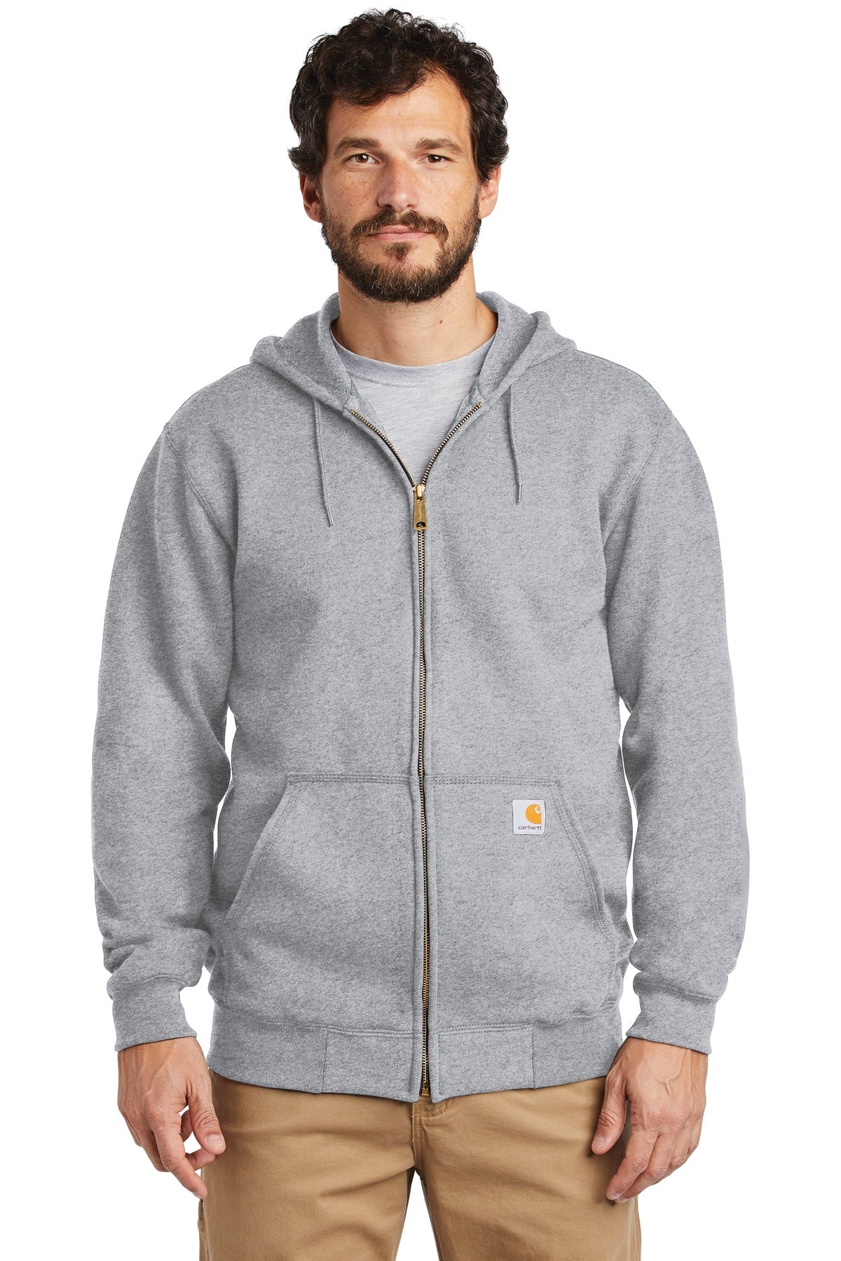 Carhartt midweight hooded zip-front sweatshirt in heather grey, featuring a front zipper and adjustable drawstrings.