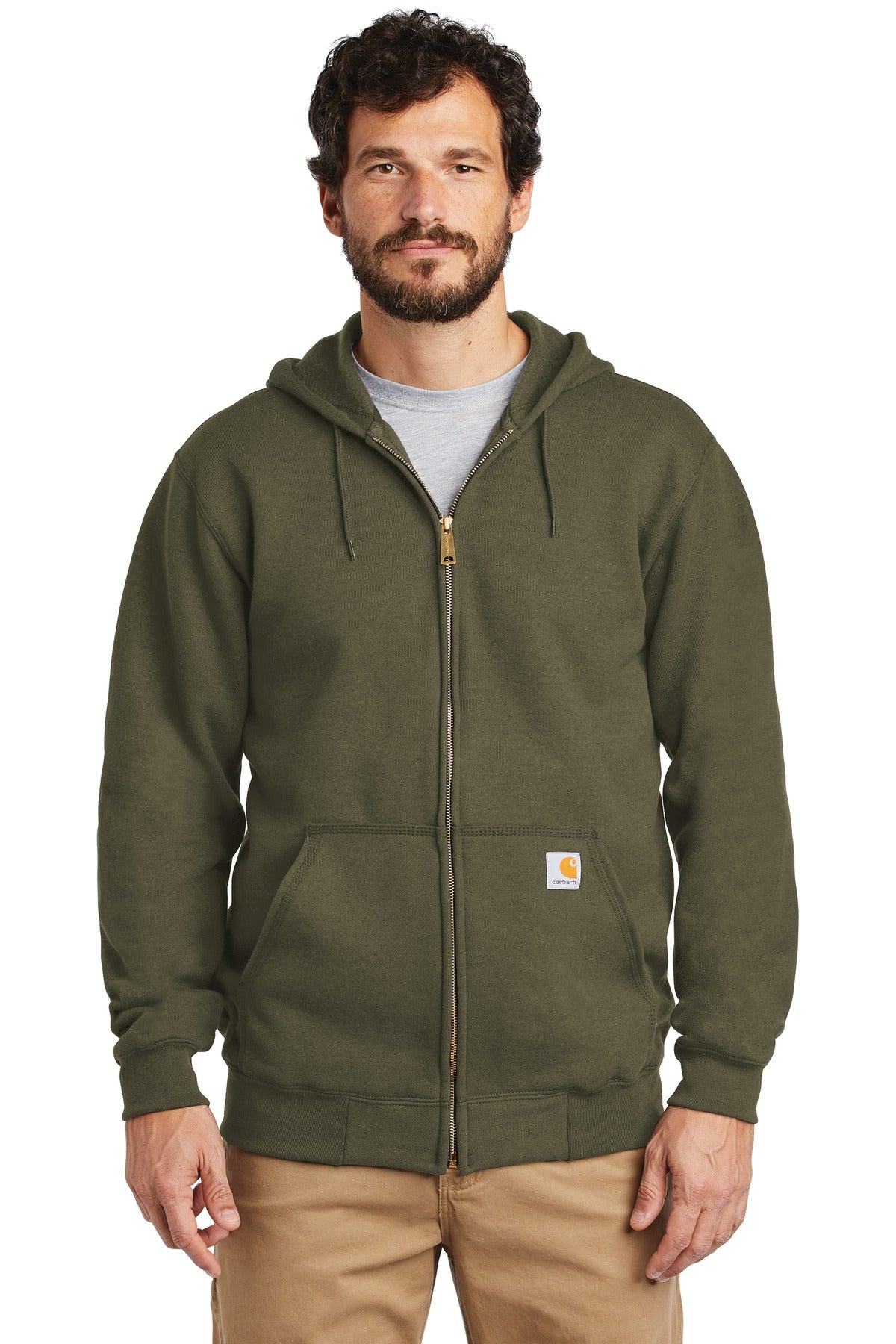 Carhartt midweight hooded zip-front sweatshirt in moss green, front view on male model showing hoodie and full zip closure.