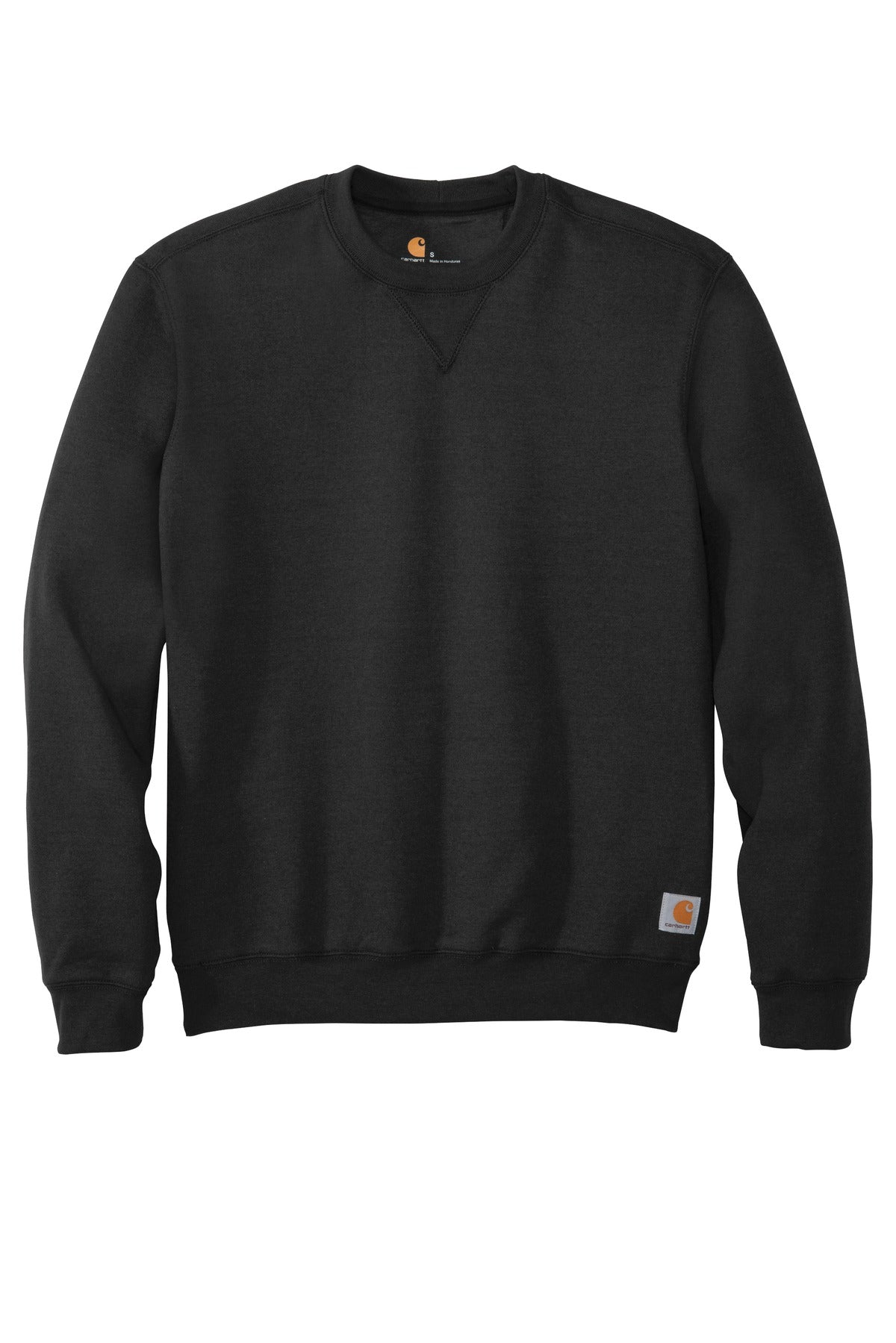 Black Carhartt midweight crewneck sweatshirt with flat front, casual fit, and durable fabric for everyday wear.