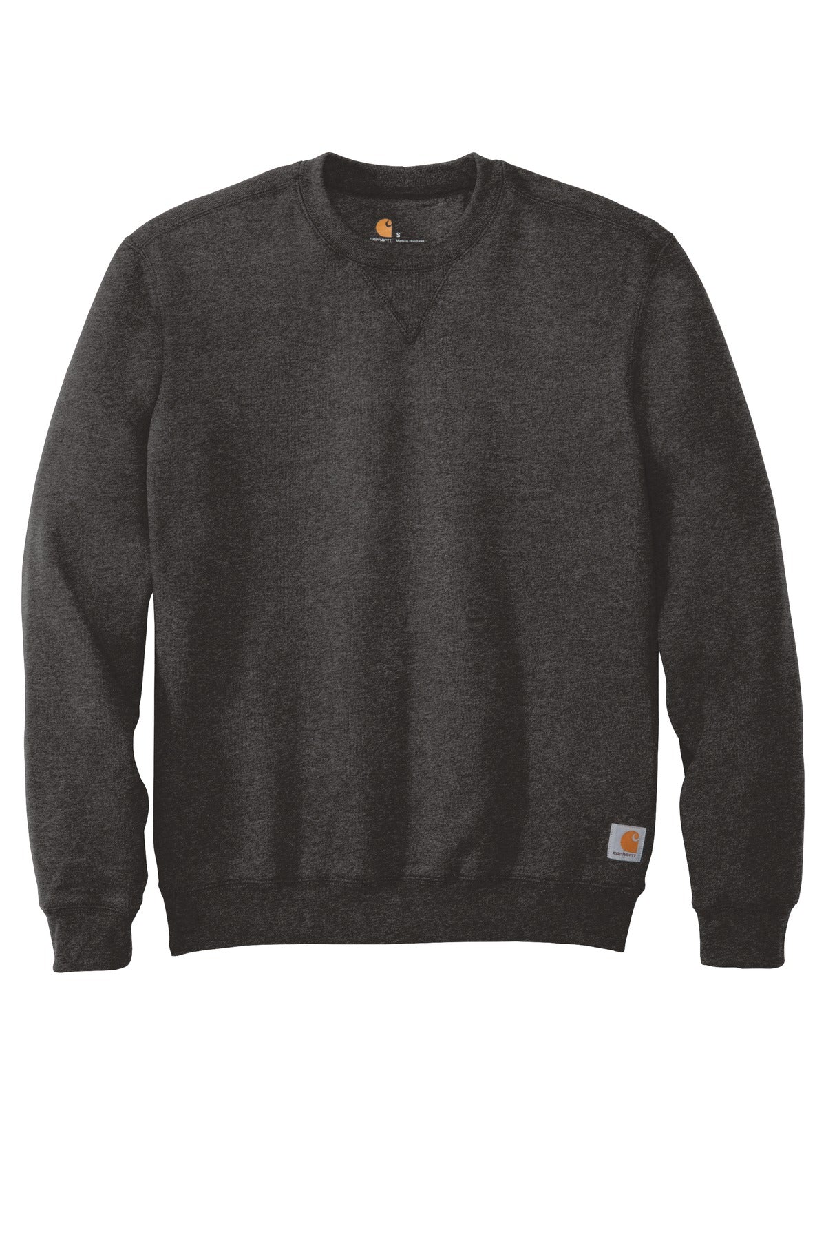 Carhartt midweight crewneck sweatshirt in carbon heather fabric, flat front view showing classic fit and soft knit material.