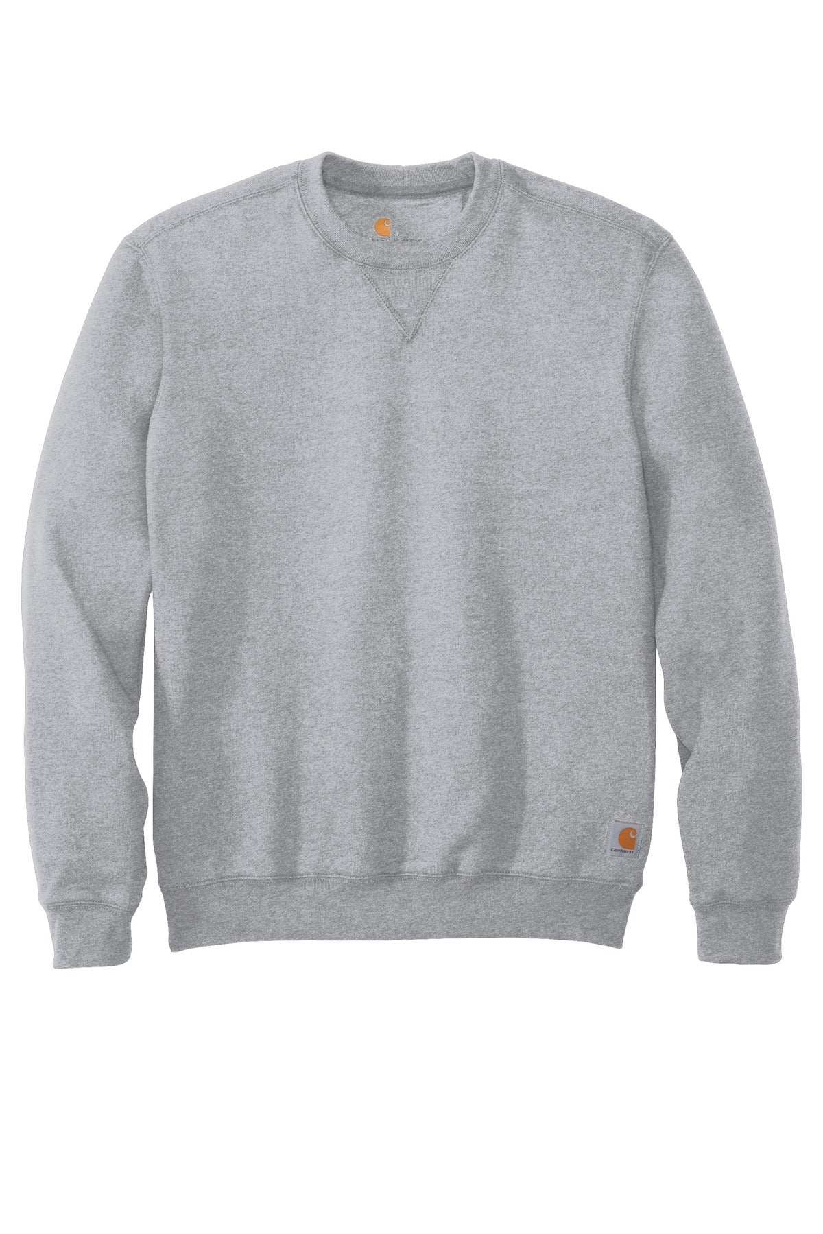 Carhartt midweight crewneck sweatshirt in heather grey, front view showing soft knit fabric and classic fit.
