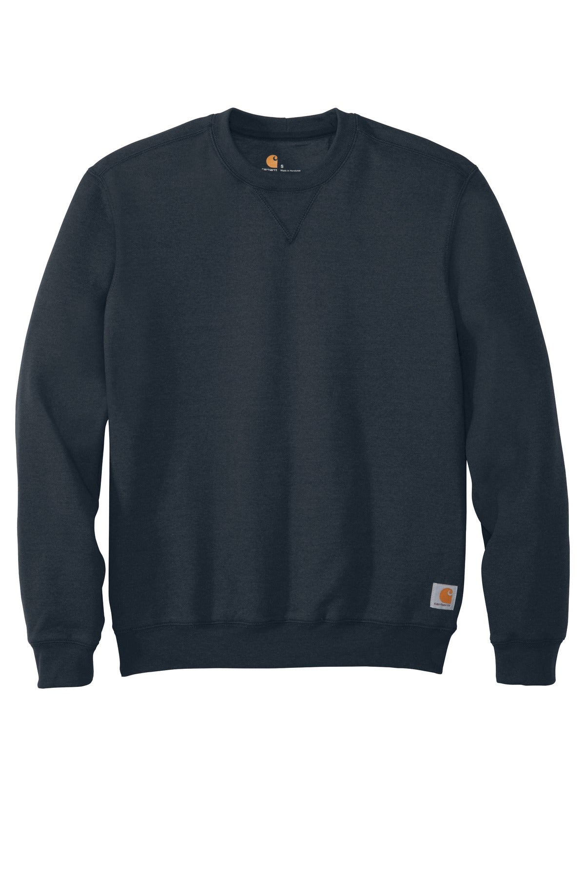 Carhartt® midweight crewneck sweatshirt in navy, flat front view, showcasing durable fabric and classic fit.