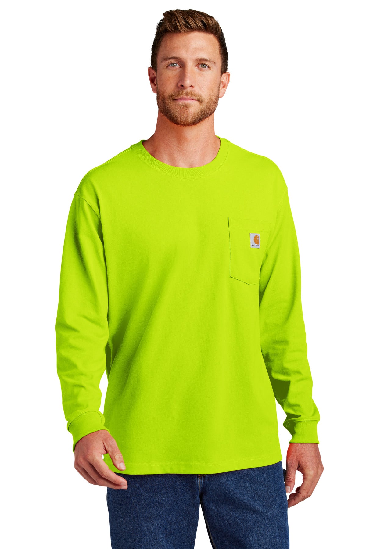 Carhartt® workwear pocket long sleeve T-shirt in bright lime, front view showing chest pocket and durable fabric.