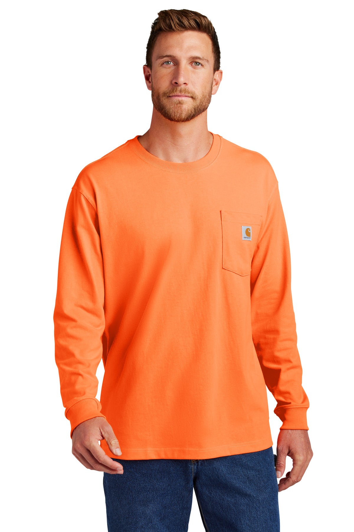 Carhartt workwear pocket long sleeve T-shirt in bright orange, featuring front chest pocket and classic fit.
