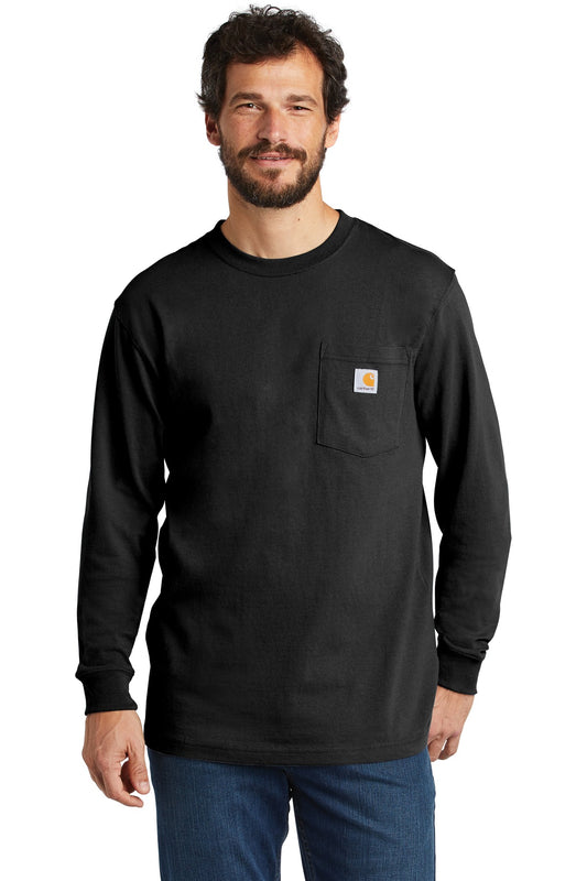 Black Carhartt Workwear Pocket Long Sleeve T-Shirt featuring a front chest pocket and crew neck style.