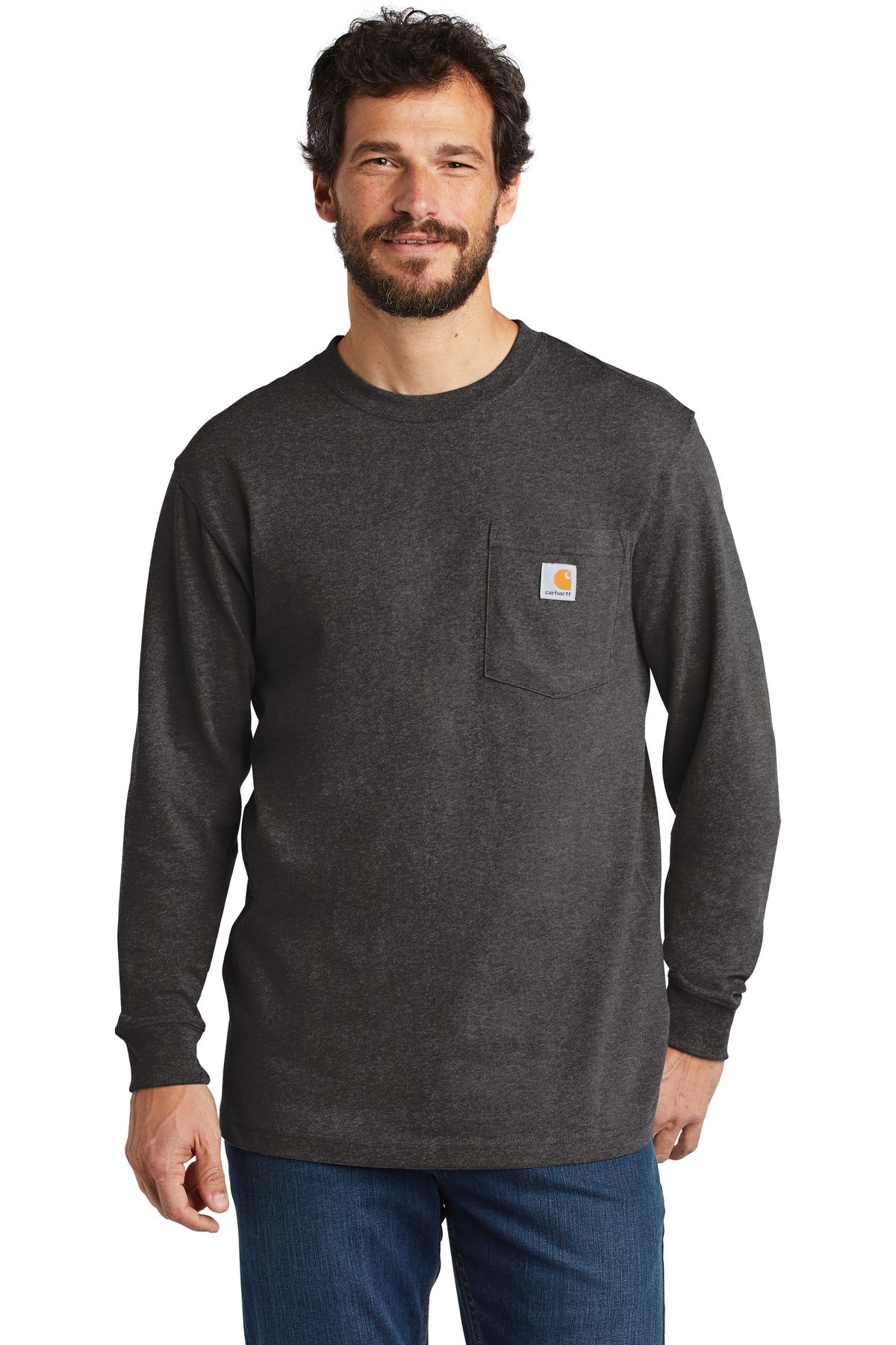 Carhartt Workwear Pocket Long Sleeve T-Shirt in carbon heather, front view showing chest pocket and comfortable fit.