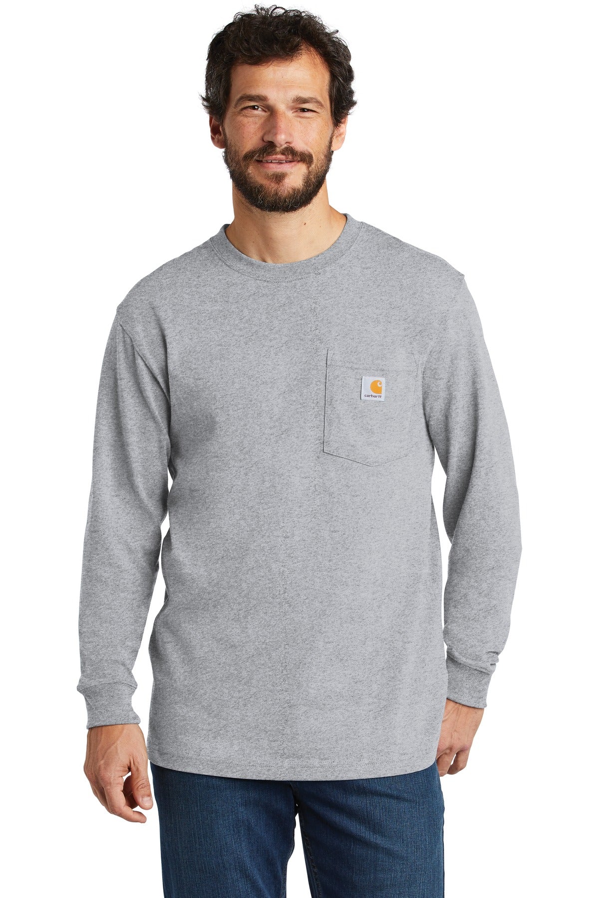 Carhartt workwear pocket long sleeve T-shirt in heather grey, front view with chest pocket and crew neckline.