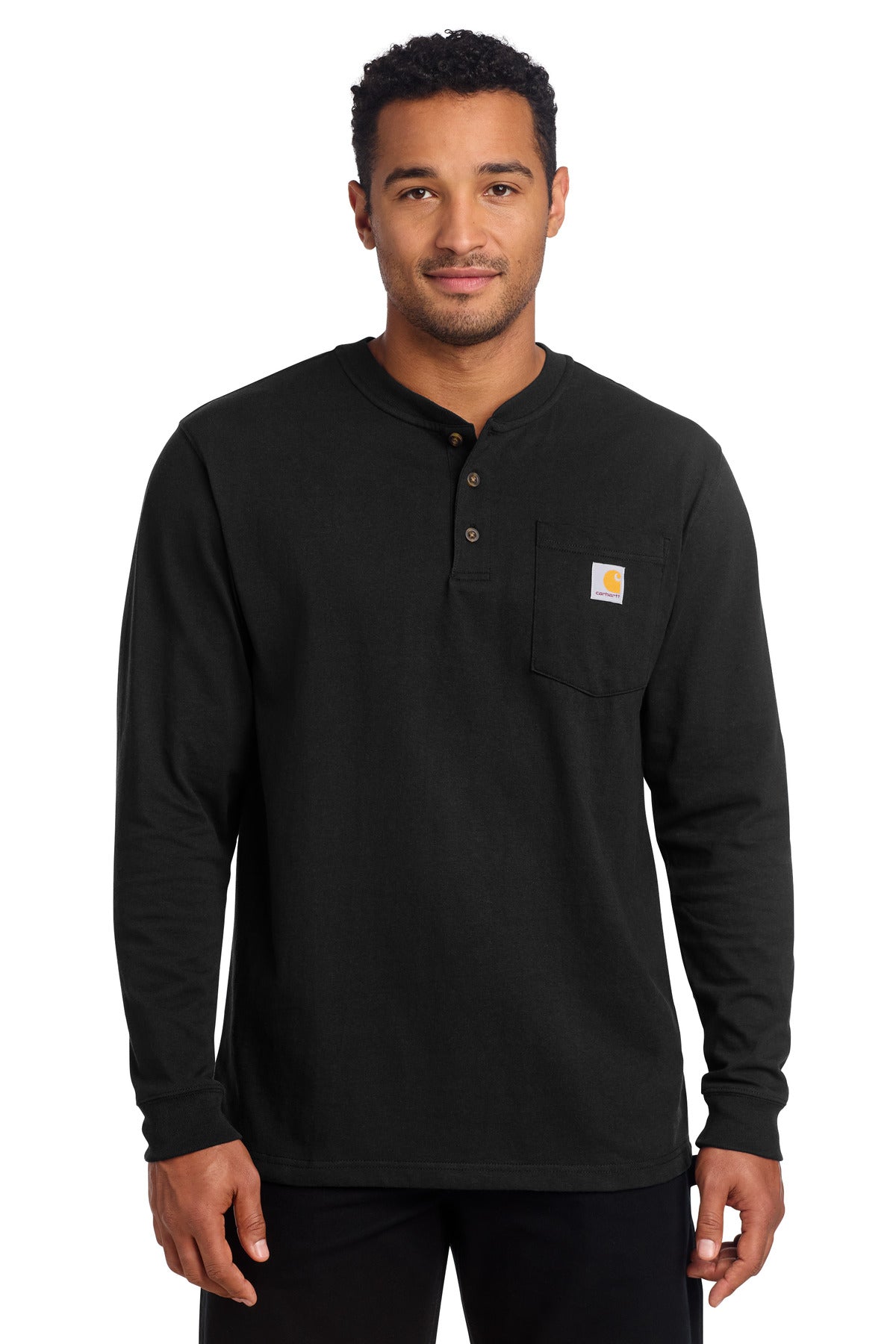 Black Carhartt long sleeve henley T-shirt worn by a model, front view, showcasing the casual fit and buttoned neckline.