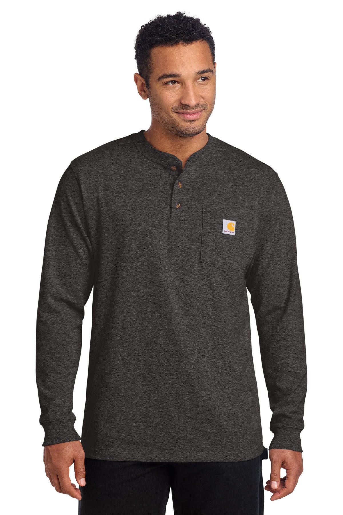 Carhartt long sleeve henley T-shirt in carbon heather, front view showing classic design and comfortable fit.