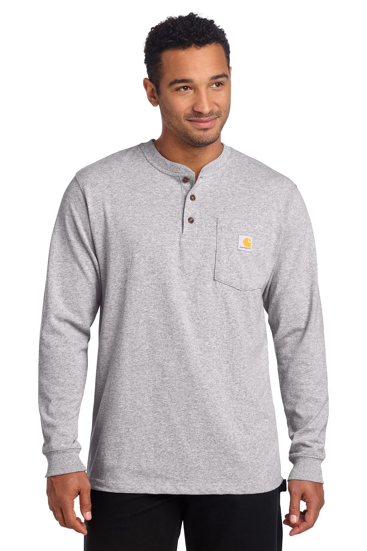 Carhartt long sleeve henley t-shirt in heather grey, front view on male model, casual men's workwear top.