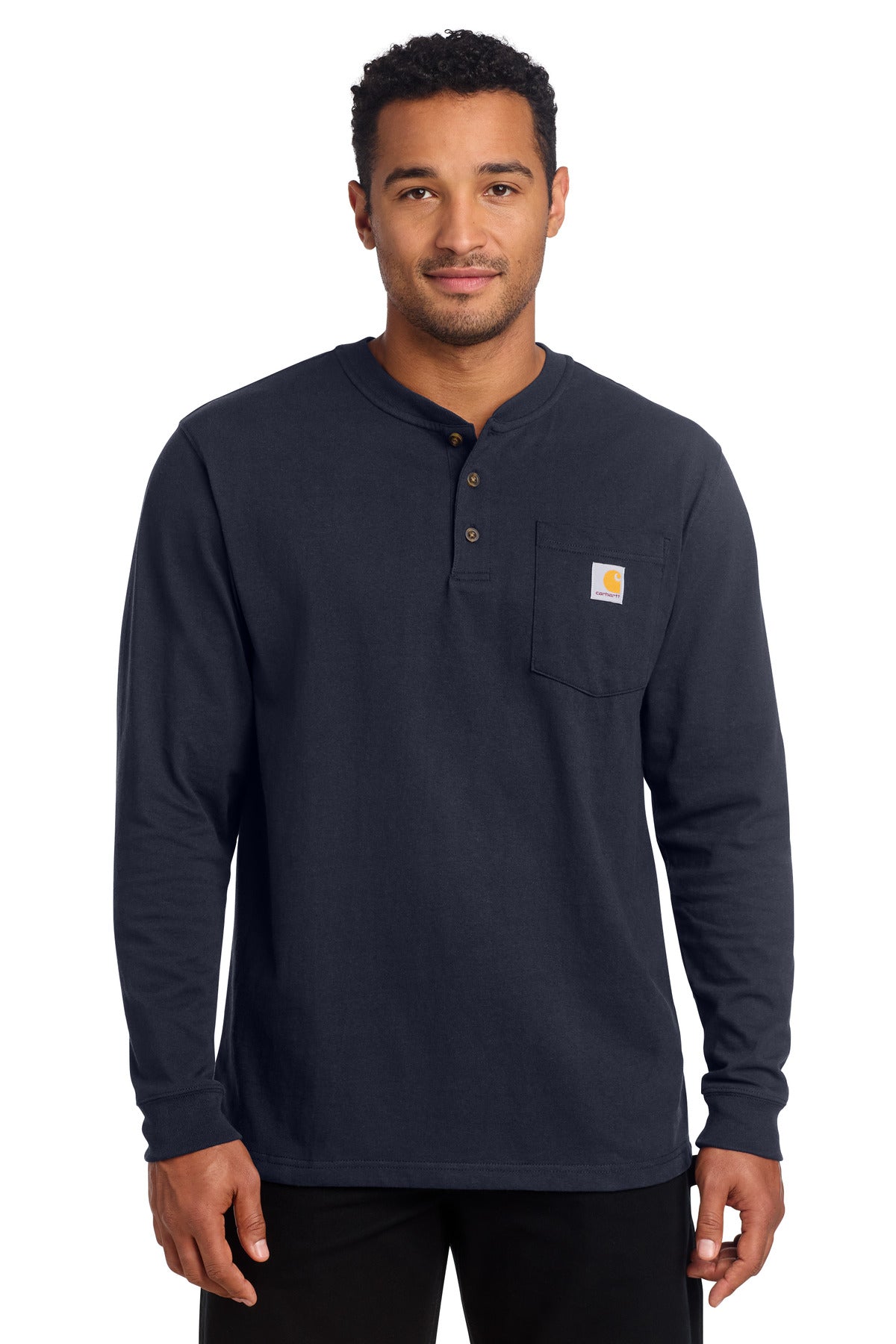 Navy Carhartt Long Sleeve Henley T-Shirt CTK128 worn by a model, front view showing classic Henley collar and button placket.