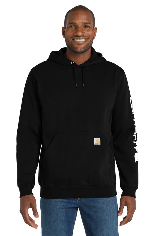 Black Carhartt Midweight Hooded Logo Sweatshirt worn by a model, front view showing the Carhartt logo and hood.