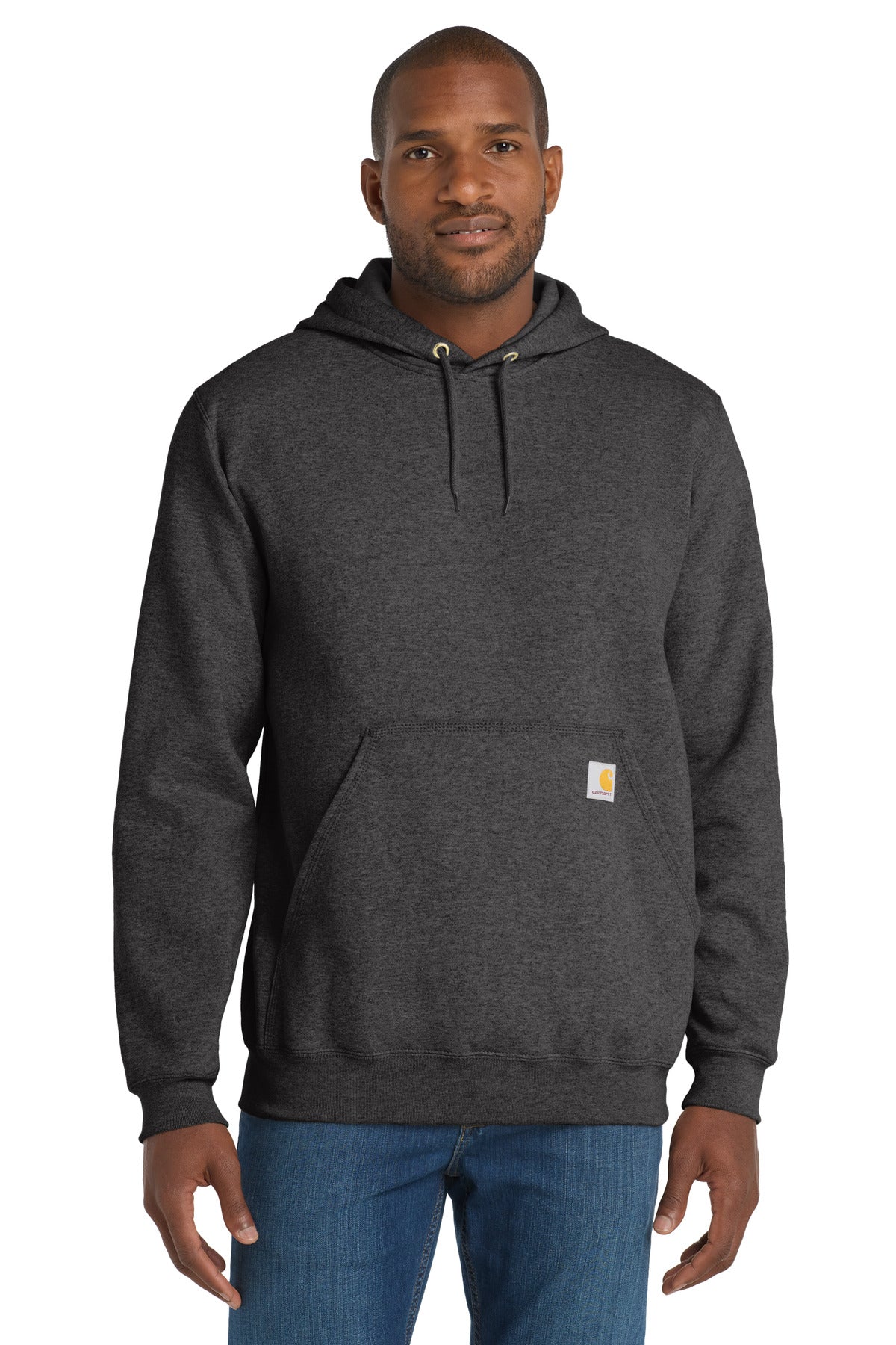 Carhartt midweight hooded logo sweatshirt in carbon heather, front view showing chest logo and comfortable fit.