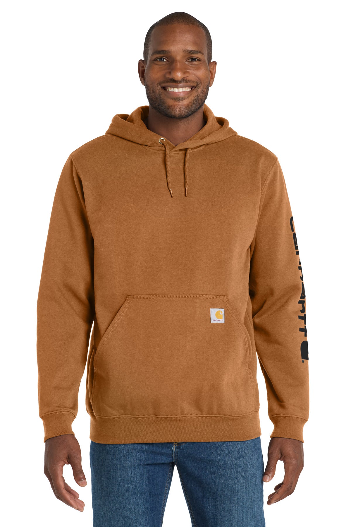 Carhartt midweight brown hooded logo sweatshirt with front view, featuring a classic design and adjustable hood.