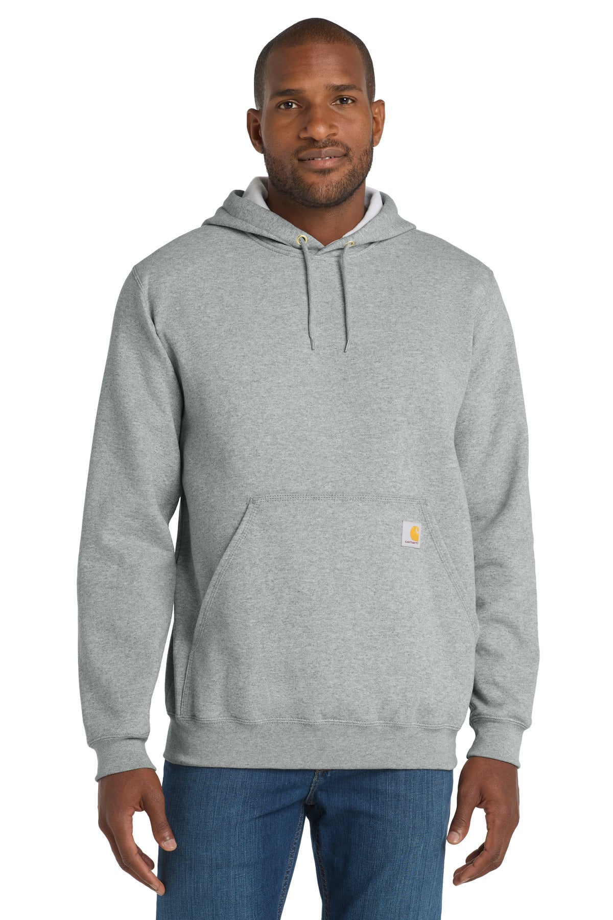 Carhartt midweight hooded logo sweatshirt in heather grey, front view showing the Carhartt logo on the chest.