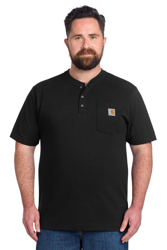 Black Carhartt short sleeve Henley T-shirt model front view, casual men's clothing with buttoned neckline and comfortable fit